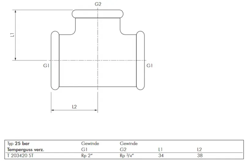 Detailansicht Reduziertes T-Stück aus verzinktem Temperguss mit unterschiedlichen Innengewinde-Größen (25 bar)